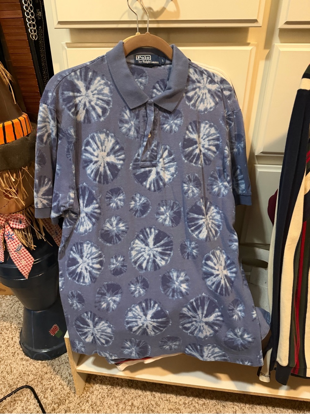 Ralph Lauren Blue and White Tie-Dye Polo Shirt Sz large